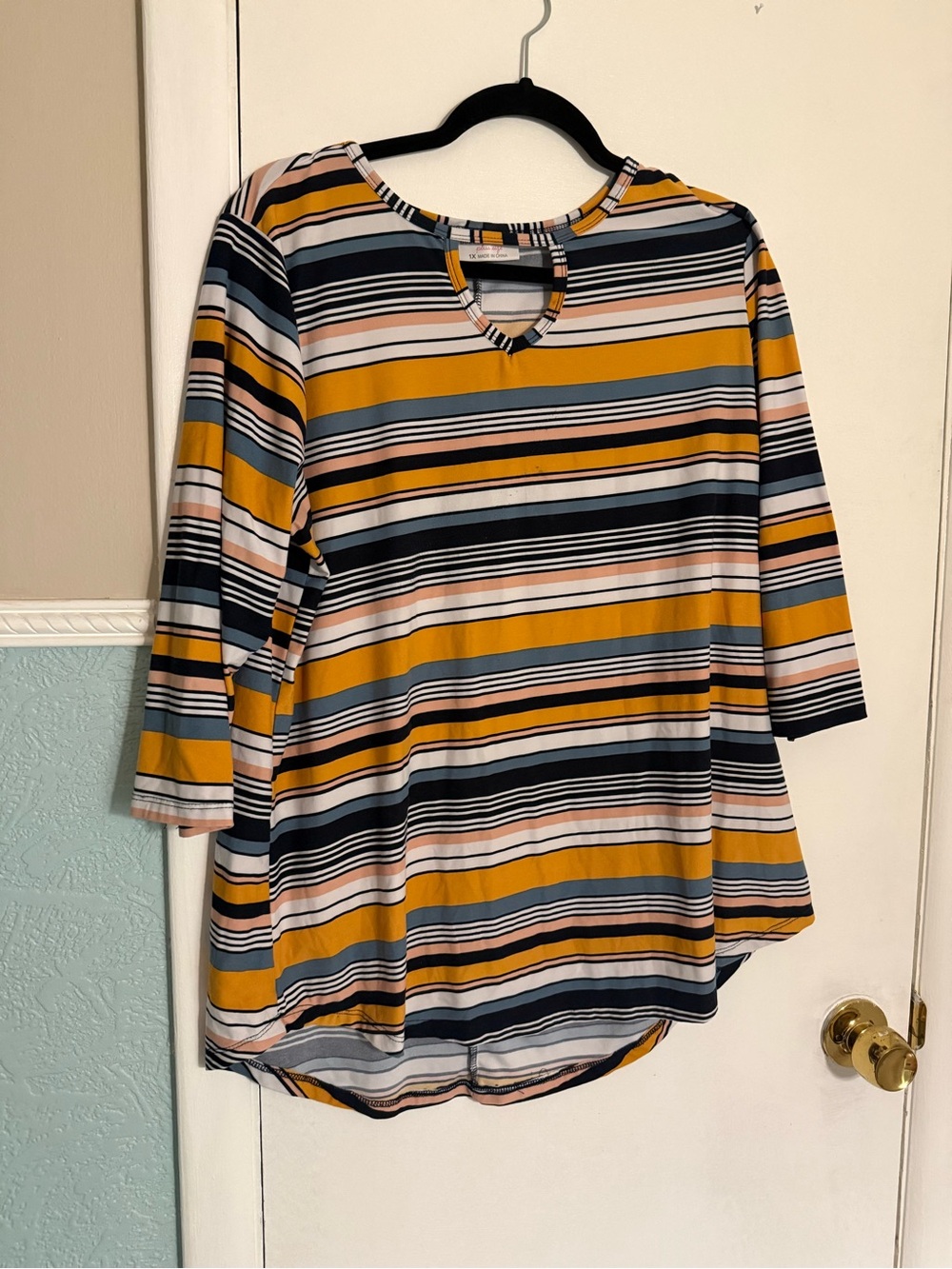 Bobbie Brooks Striped Keyhole Tunic in Mustard, Navy, Cream, Pink, Gray
